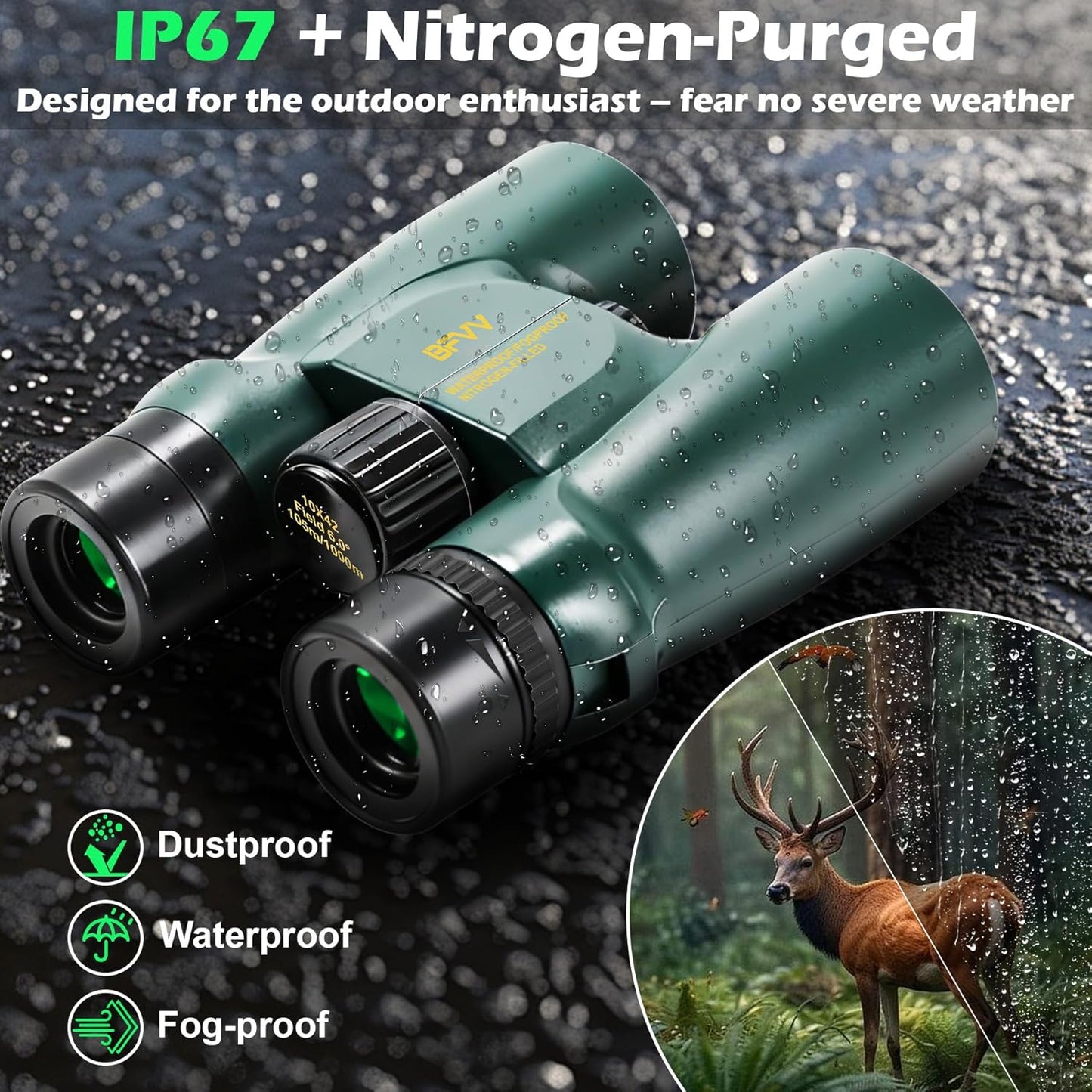 10x42 Binoculars for Adults High Powered, IP67 Waterproof Fogproof Com