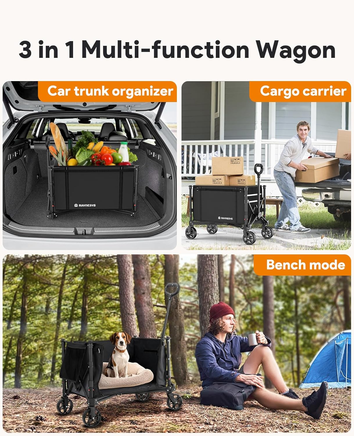 3 in 1 Collapsible Wagon Converts to Bench, 220lbs Foldable Wagon Cart