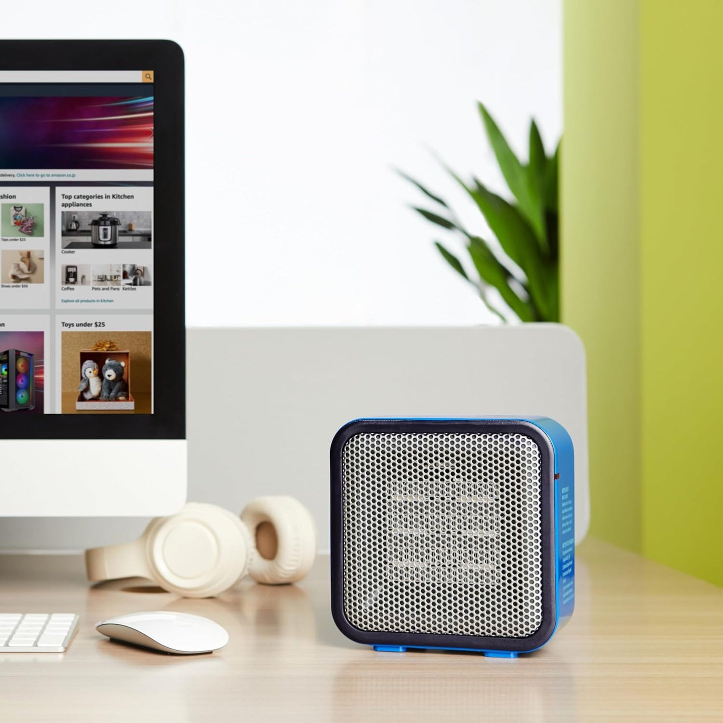 Amazon Basics Ceramic Portable Mini Space Heater for Office Desk, Fast Heating, Efficient, Indoor Use, 500W, With Tip-Over Protection, Lightweight 1.4 lbs, Blue, 5.9 x 3.2 x 6 inches