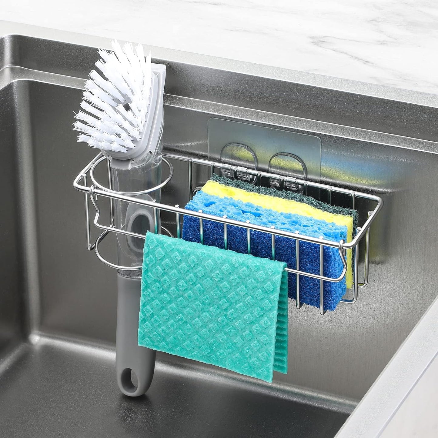 3-In-1 Sponge Holder for Kitchen Sink with Suction Cups & Adhesive Hoo