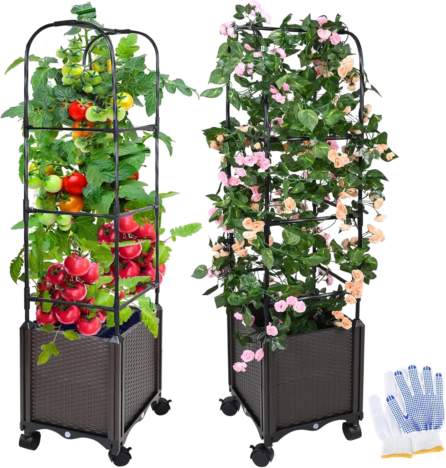 Raised Garden Bed Planter Box with Trellis, 51” Self-Watering Tomato Planter Boxes with Wheels for Climbing Plants, Tomato Cage for Patio Greenhouse Gardening Indoor Outdoor， 2 Pack