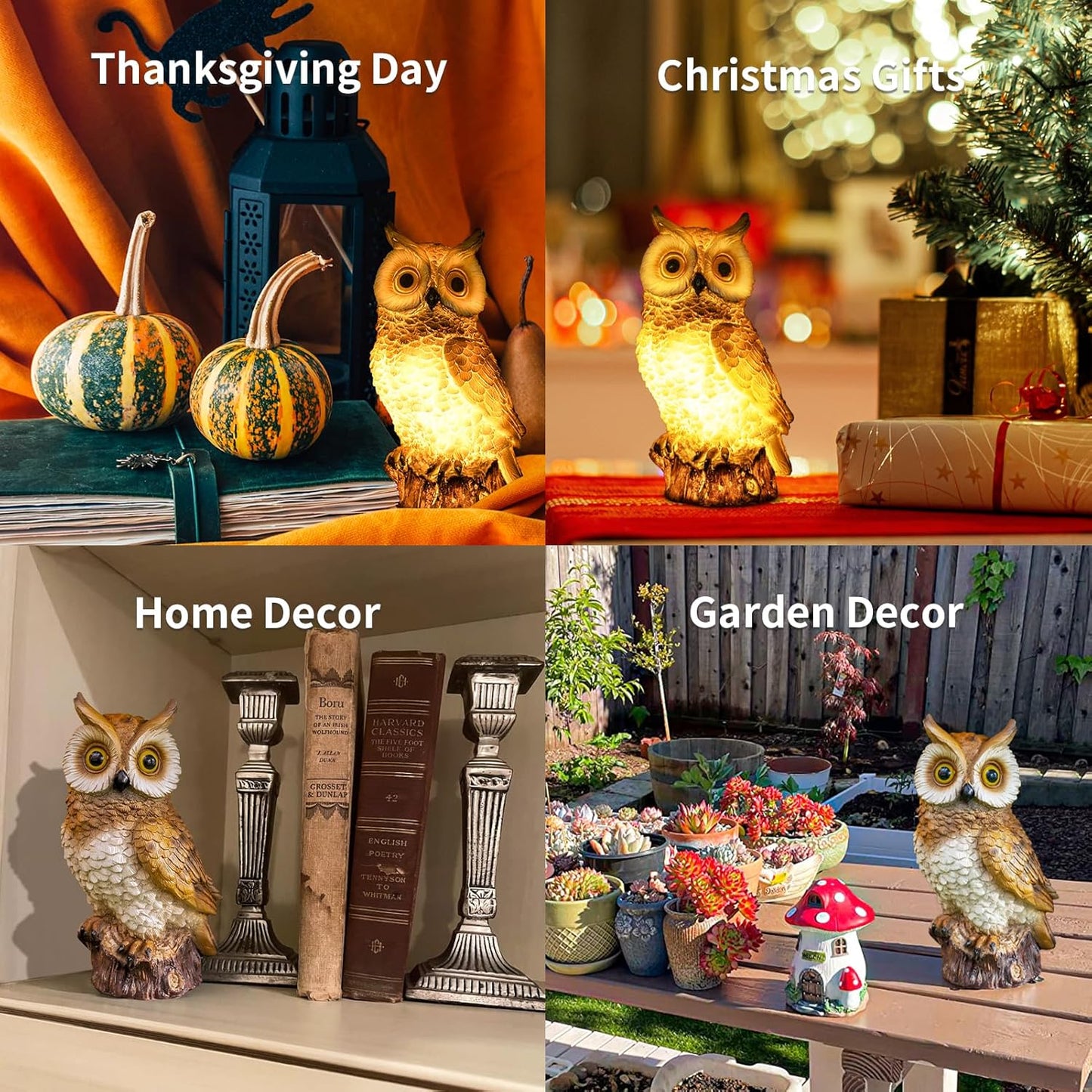 Solar Owl Garden Statues Outdoor Decor Resin Owl Figurine with LED Lights Owl Sculpture for Porch Patio Lawn Yard Decorations Christmas Housewarming Gifts for Women Mom,Brown Owl