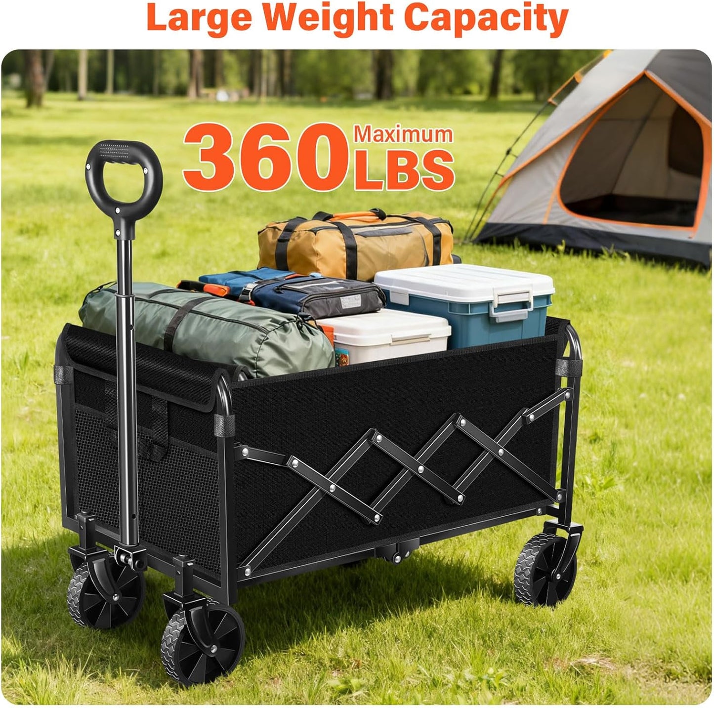 Wagons Carts Foldable - Portable Folding Collapsible Wagons with Wheels - Heavy Duty Utility Carts for Groceries, Shopping, Camping, Sports, Garden，Beach - Black