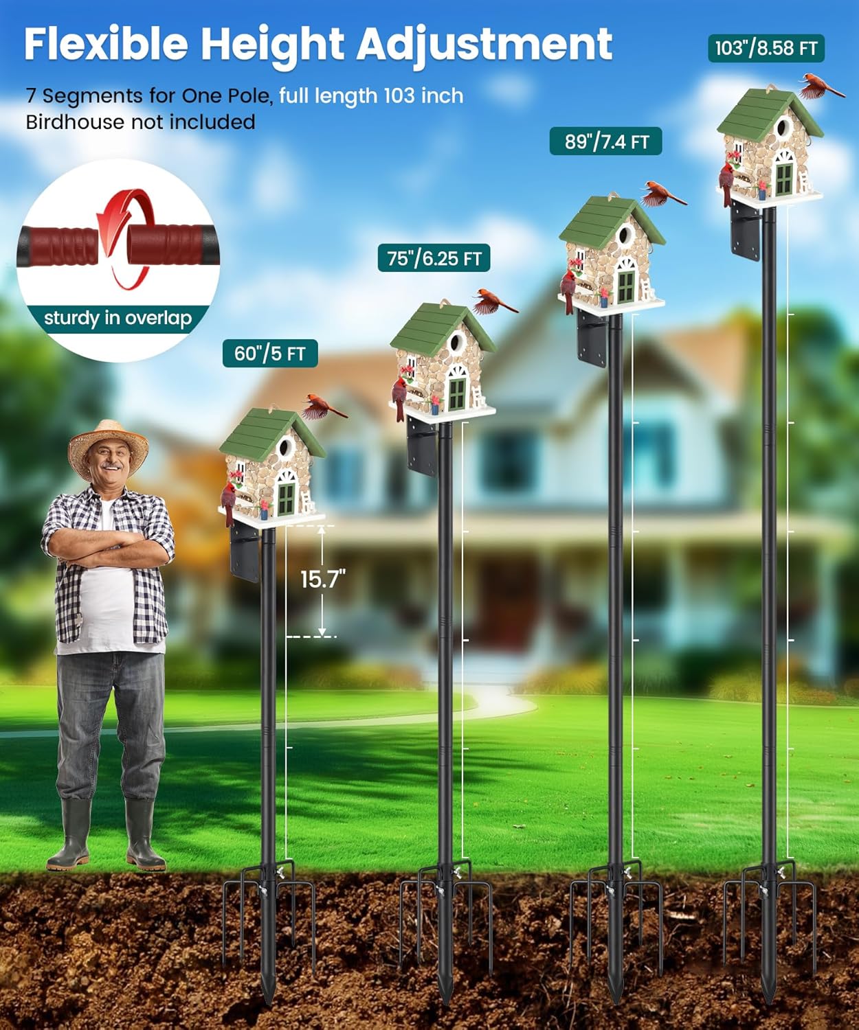 102" Heavy Duty Bird Feeder Pole, 1" Steel Adjustable Outdoor Stand with 5-Prong Anti-Tip Base, Universal Mount for Hummingbird Feeder & Bluebird House, Easy Setup
