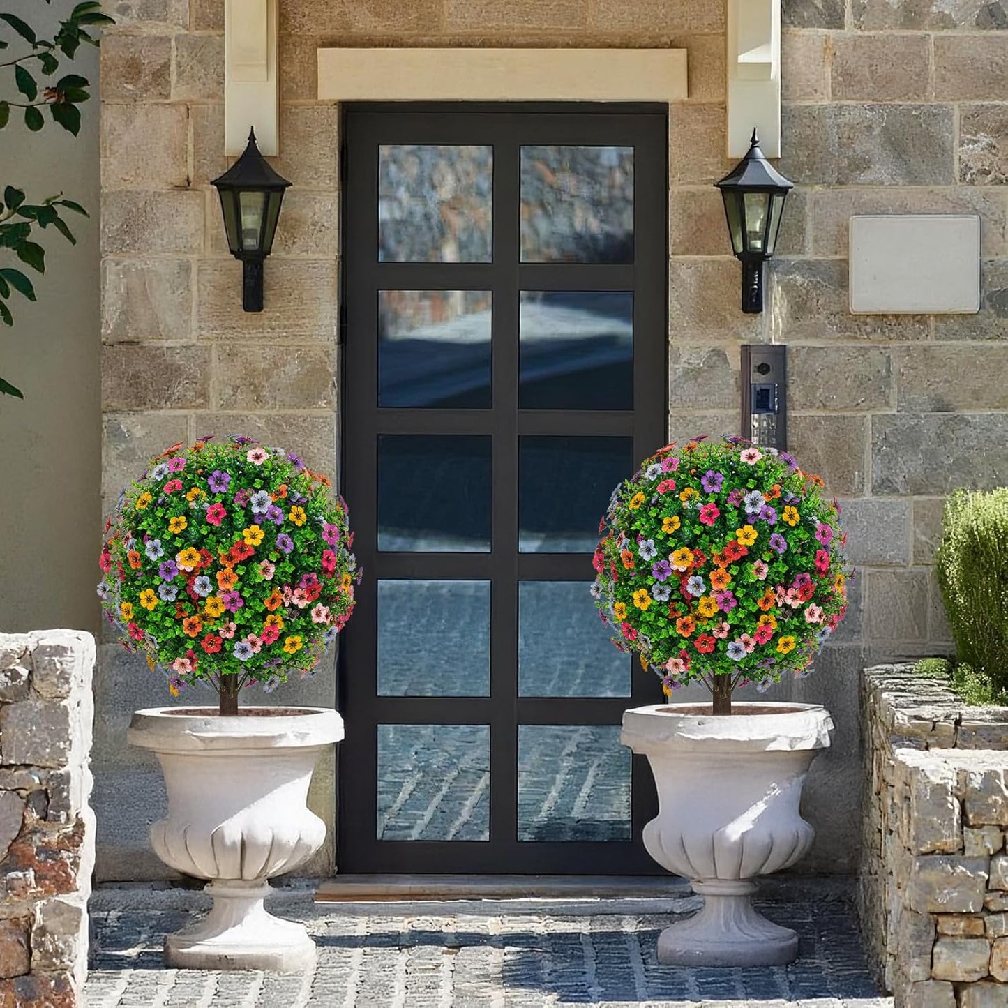 23" Artificial Boxwood Topiary Ball Trees with Colorful Flowers, Set of 2 UV Resistant No Fade Outdoor Faux Plants with Ground Spike, Fake Shrubs for Garden, Patio, Porch, Yard, Indoor Decor