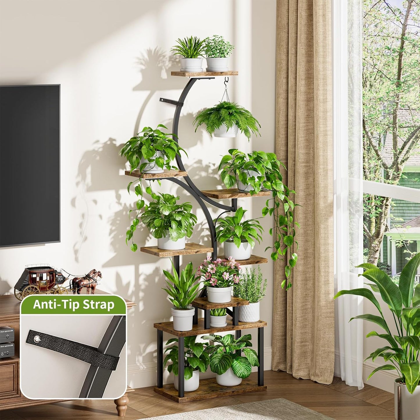Plant Stand Indoor with Grow Lights - 62" Tall Plant Shelf, Lighted Corner Plant Stands for Indoor Growing, 8 Tiered Large Flower Holder, S-Shaped Decorative Rack for Living Room, Patent Design, Brown