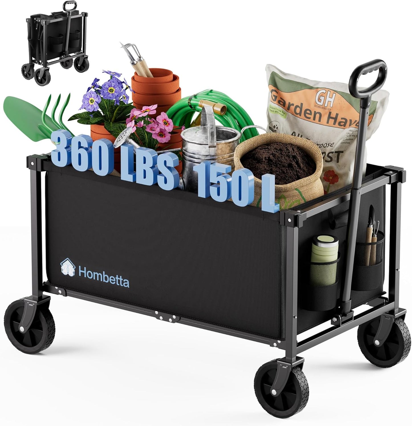 Collapsible Wagon Cart with Wheels, 150L Lightweight Foldable Utility Cart, Portable Rolling Wagon for Garden, Shopping, Sports, Camping, Transport, Black