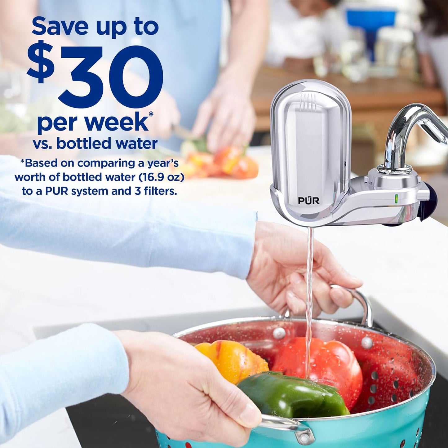 PUR PLUS Vertical Faucet Mount Water Filtration System, Lead-Reducing Filter, Great-Tasting Water, Easy Install, Lasts 100 Gallons, Compatible with Sinks with External Aerators, Chrome