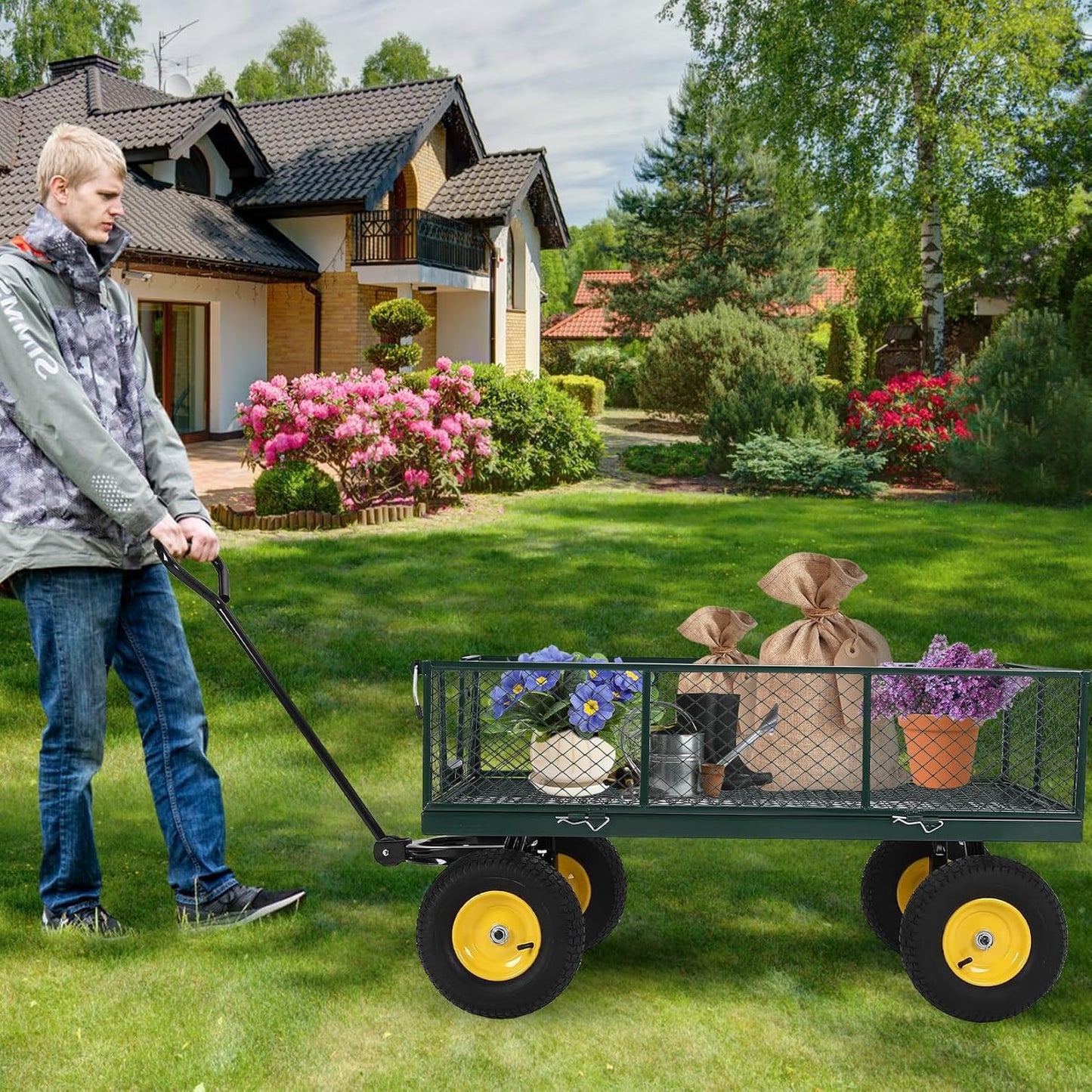 GarveeLife Garden Cart on Wheels 1100 LBS Capacity, Heavy Duty Full Steel Utility Wagon, Versatile Flatbed Carts with Removable Mesh Sides, 180° Rotating Handle, Fit for Outdoor Garden, Lawn, Yard