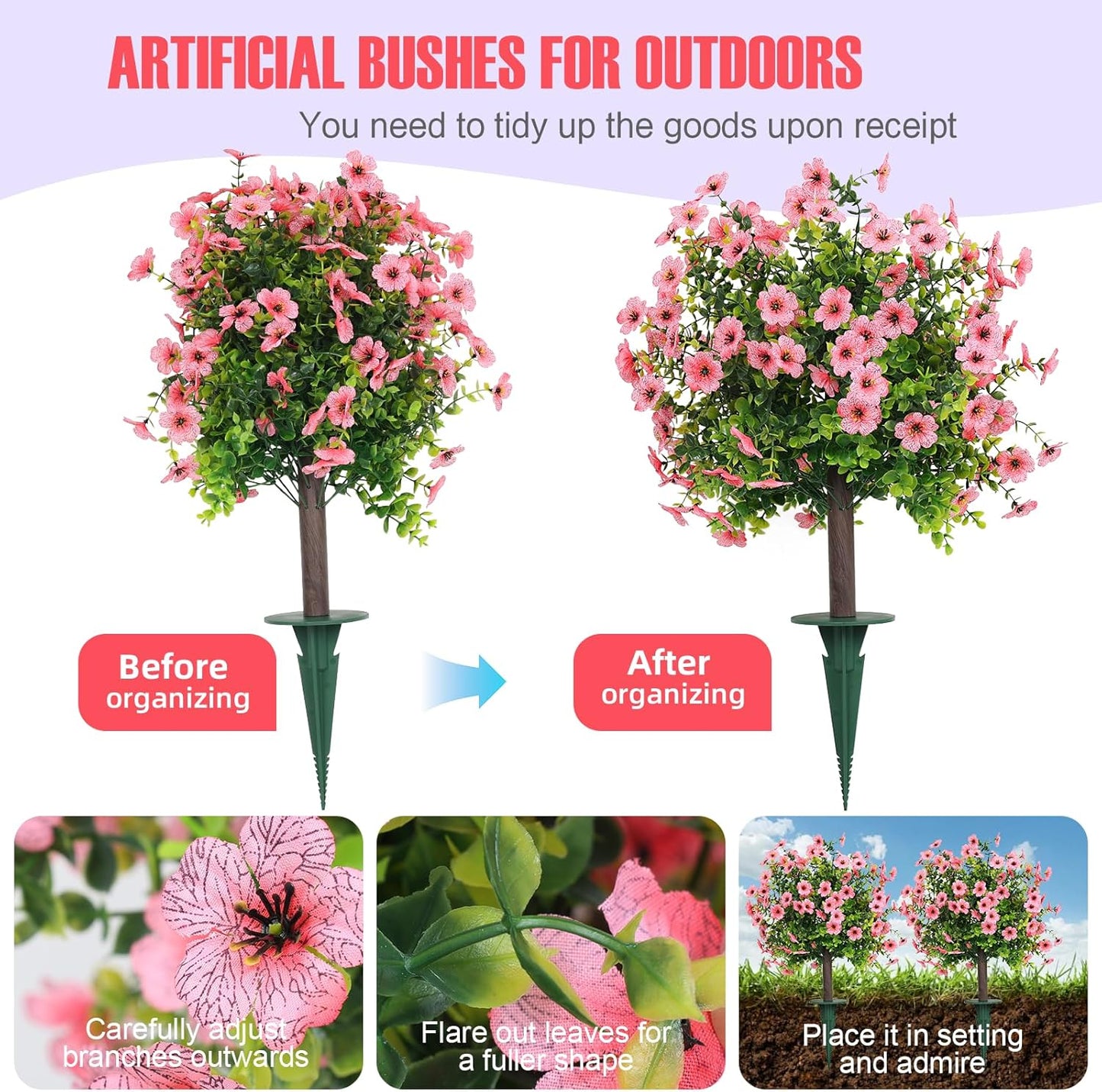Set of 2 Artificial Shrubs for Outdoors UV Resistant Fake Bushes for Porch Balcony Patio Garden Yard Decor 17.7 Inches (Pink)