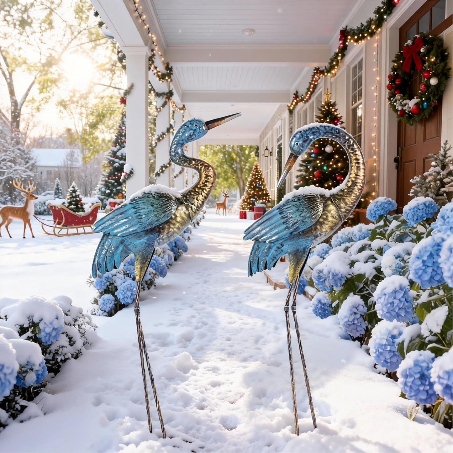 Natelf Garden Crane Statues Outdoor, Standing Blue Heron Decoy Sculptures, Metal Bird Yard Art for Lawn Patio Backyard Decoration(Set of 2)