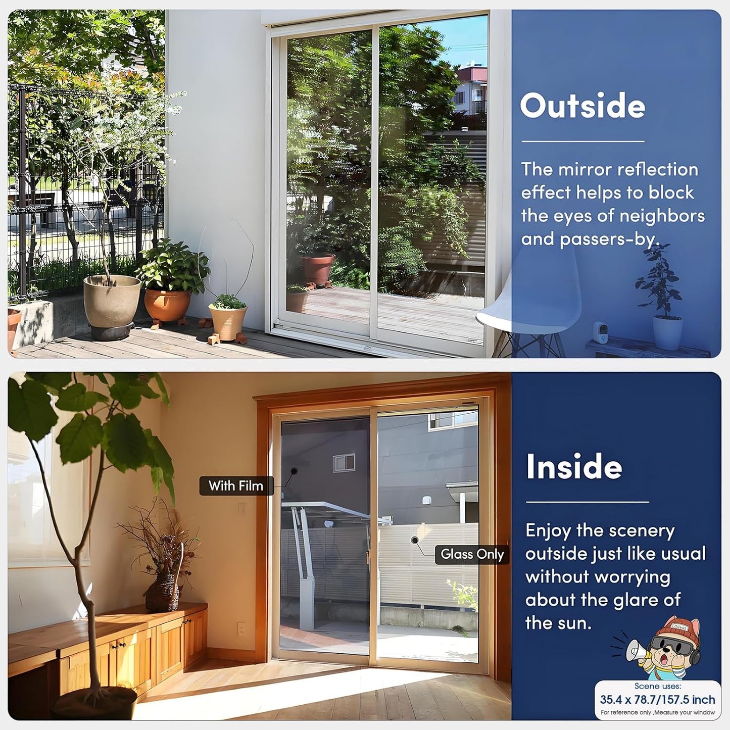 Coavas One Way Privacy Window Film, Heat Control Window Tint for Home, Sun Blocking Reflective Window Film See Out Not in, Anti UV Static Cling for Windows Office Door (Black, 17.5 x 78.7 inches)