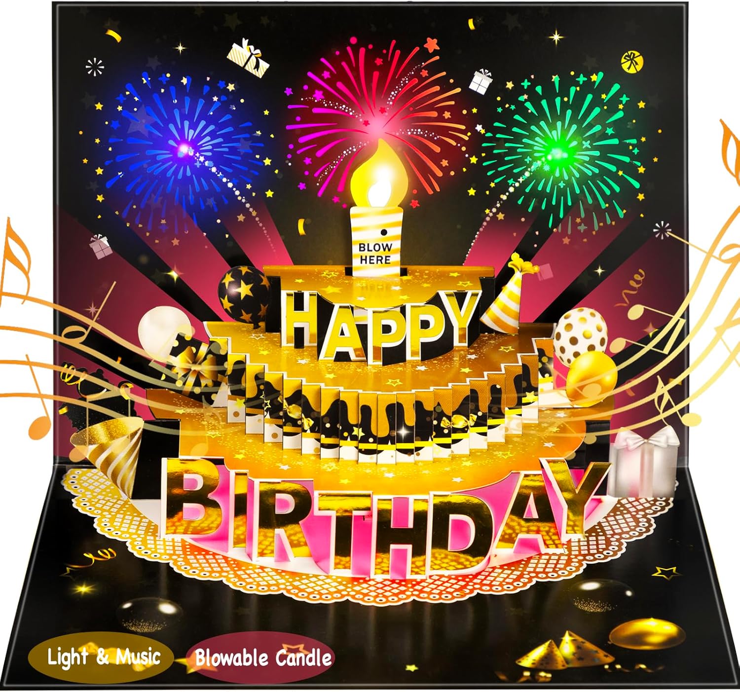 Pop Up Birthday Cards for Men - LED Light & Music with Blow The Candle