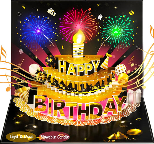 Pop Up Birthday Cards for Men - LED Light & Music with Blow The Candle