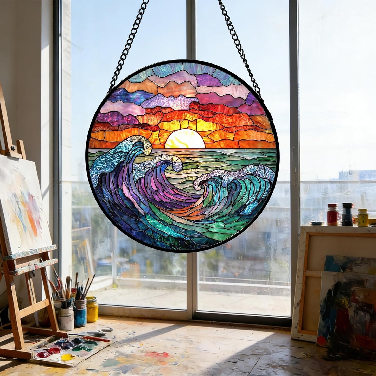 Stained Glass Window Hanging, Clouds and Sea Waves Suncatcher Diamond Glass Panel Hangings Scenery Sun Catchers Decor for Birthday for Women, Men, Wife, Aunt, and Mom 7.8 in