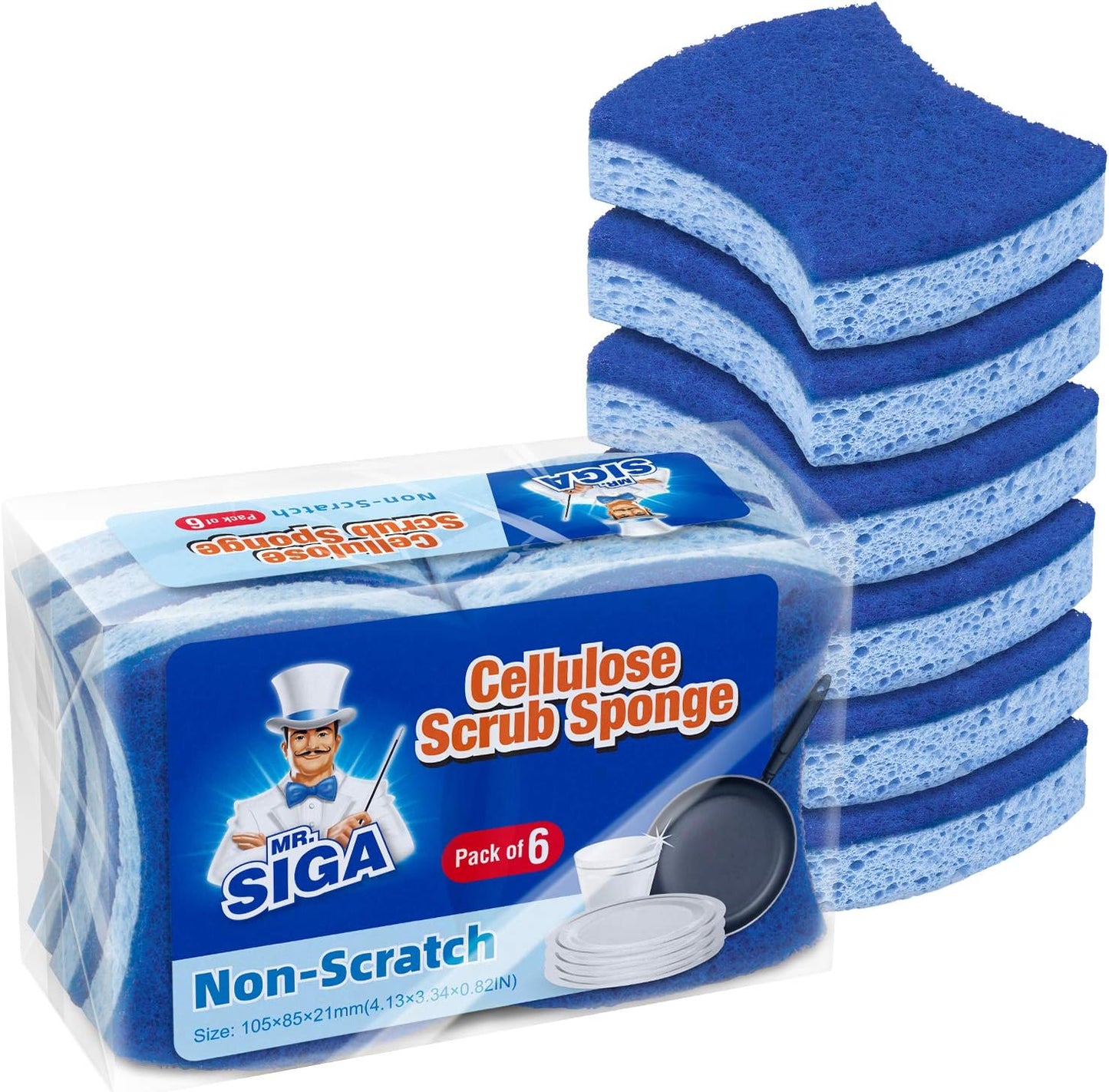 MR.SIGA Non-Scratch Cellulose Scrub Sponge, Dual-Sided Dishwashing Spo