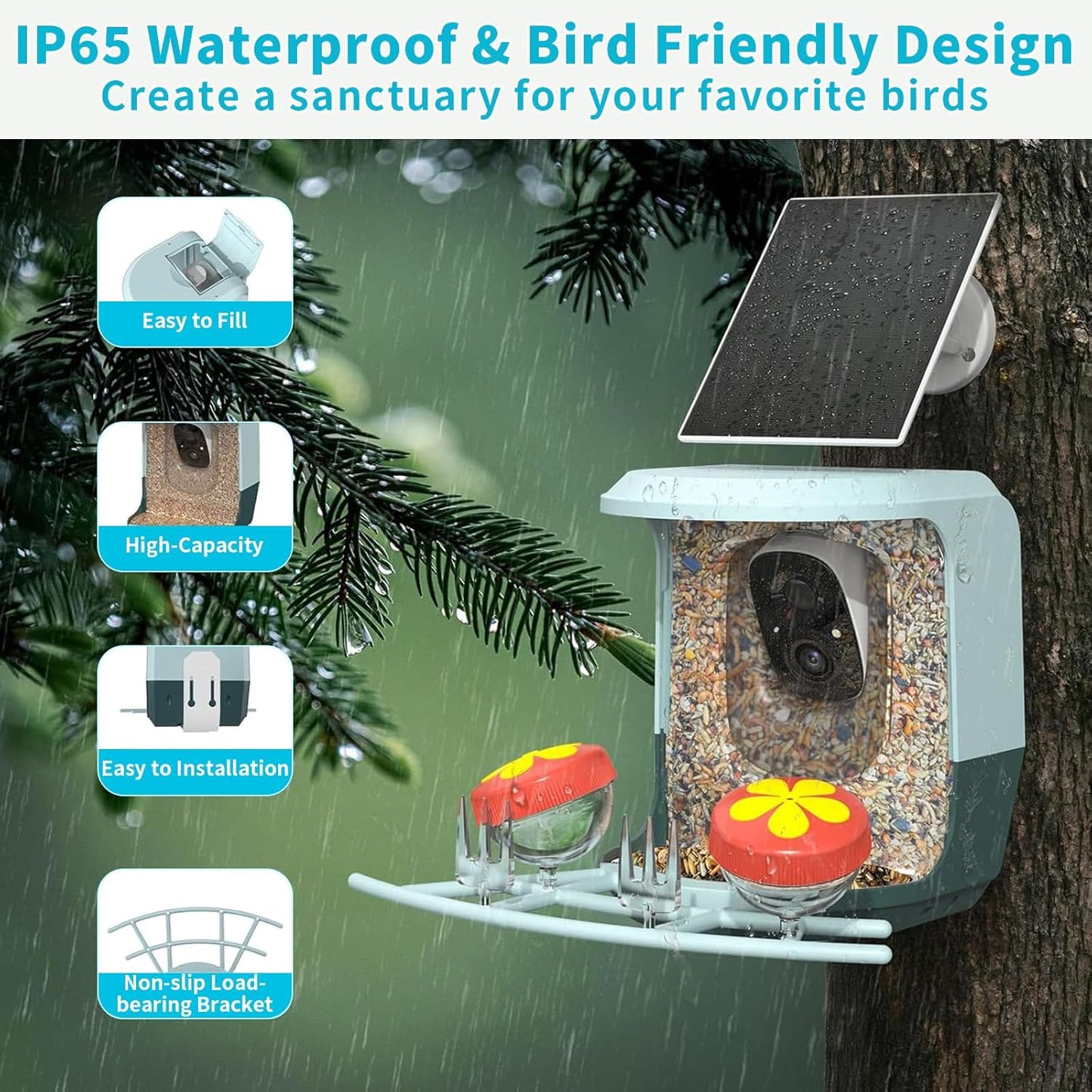 Smart Bird Feeder with Camera Solar Powered - 2K HD Video Camera AI Id