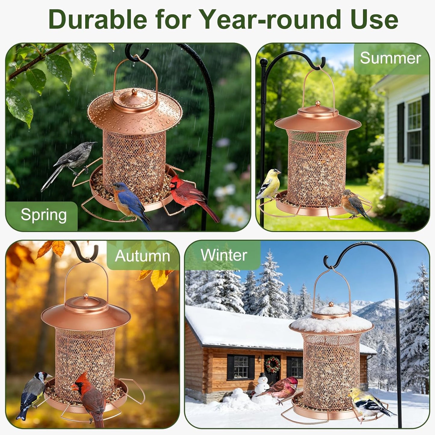 Metal Bird Feeder for Outdoor Hanging, Heavy Duty Cylinder Wild Bird Feeder 360° Feeding with 4 Extra Perches, Chew-Proof, Weather and Water Resistant