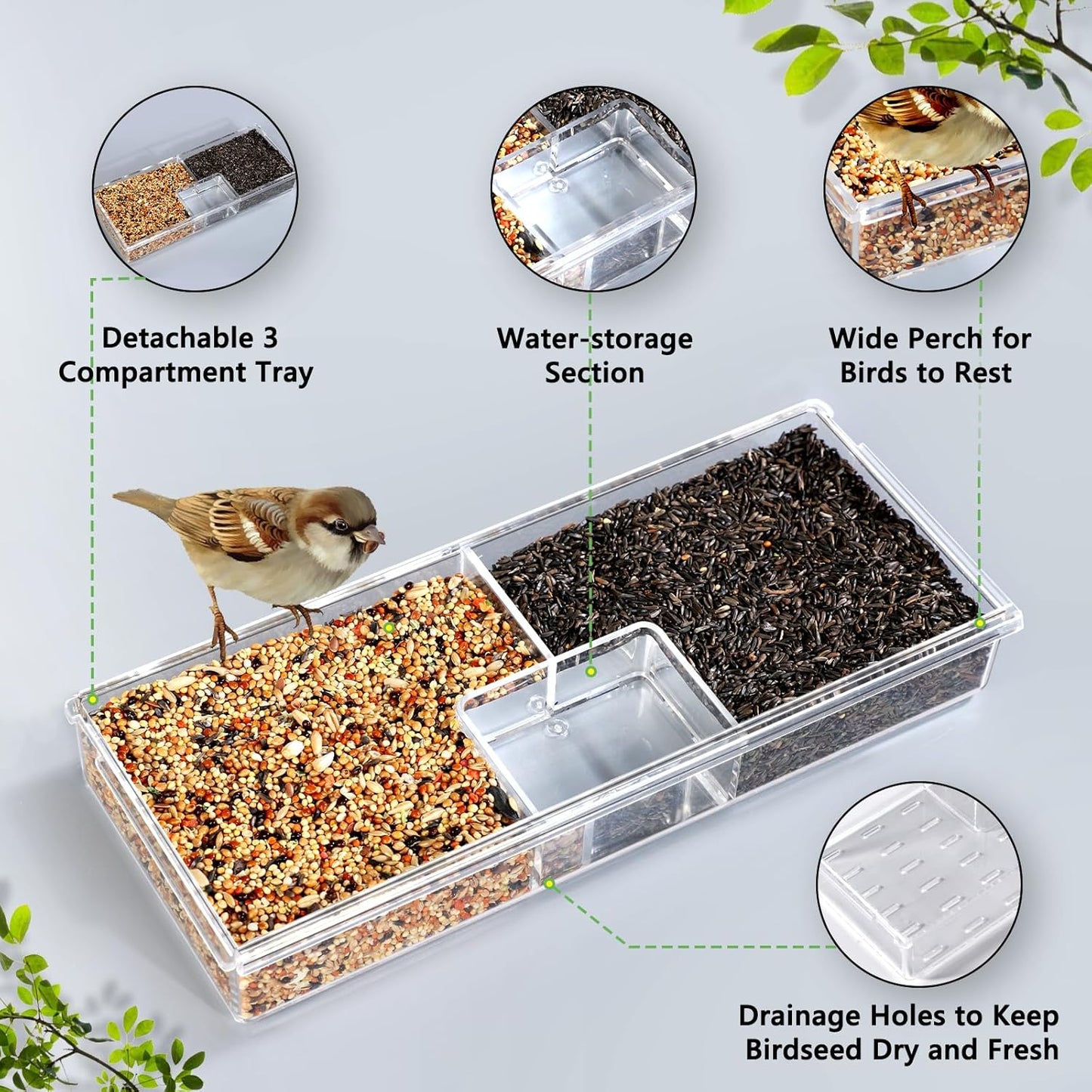 Window Bird Feeder for Outdoors with Strong Suction Cups, Acrylic Clear Window Bird Feeders for Viewing with Large Capacity Detachable Seed & Water Tray