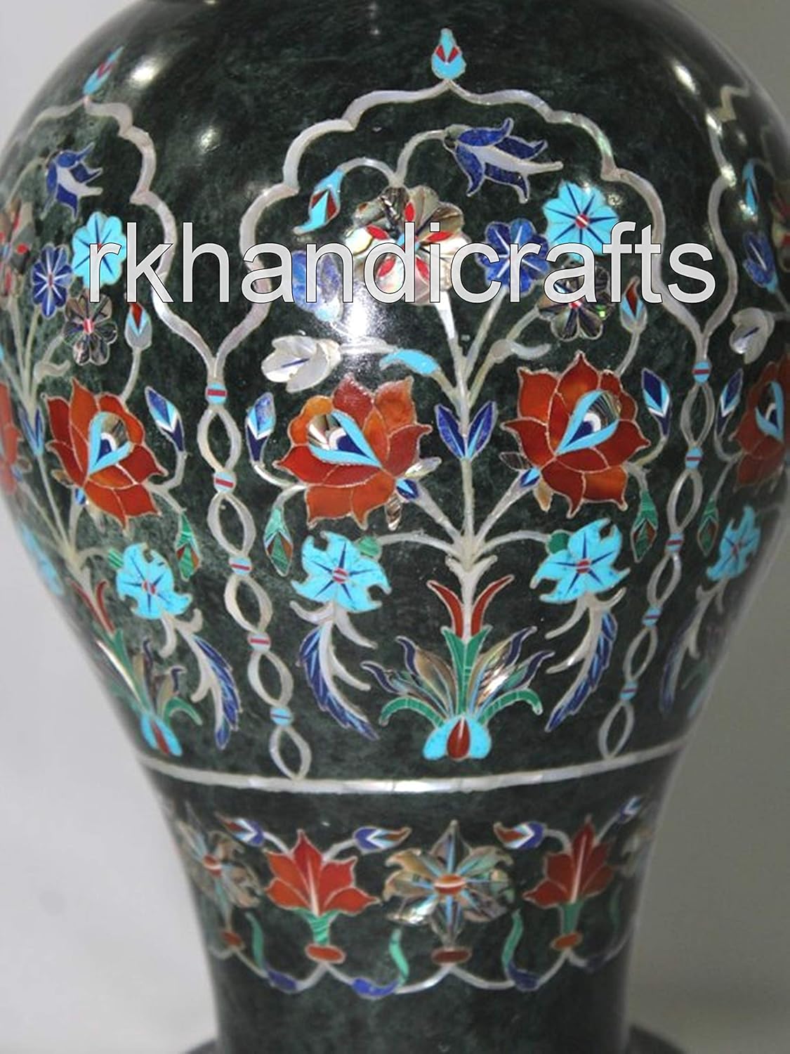 Natural Gemstone Inlay Work Plant Stand for Bar Area Decor Green Marble Flower Pot with Luxury Look 14 Inches