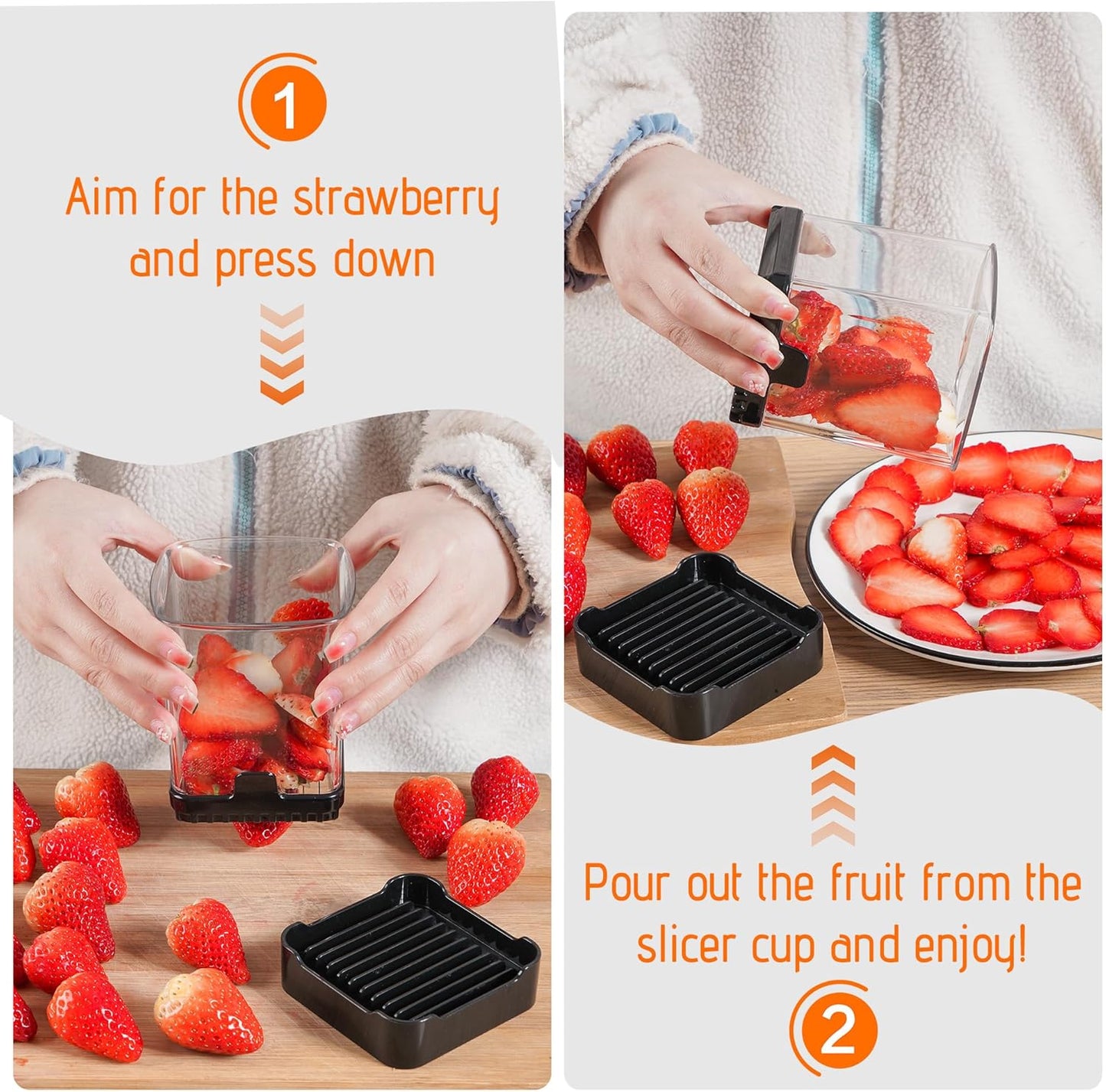 Fruit Slicer Cup for Strawberry, Banana, Hard-Boiled Egg - Detachable Cutter with Push Plate - Rapid & Safe Slicing Kitchen Gadget for Quick Meal Prep (Black)