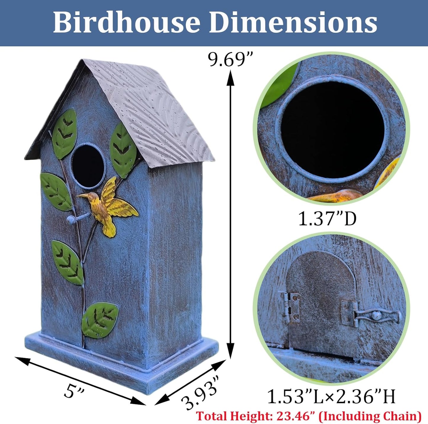 Metal Bird House for Outside - Elegant & Durable Hanging Birdhouse with Rustic Brown Roof & Vibrant Blue Design - Includes S-Hook for Easy Hanging (23.46in Tall)