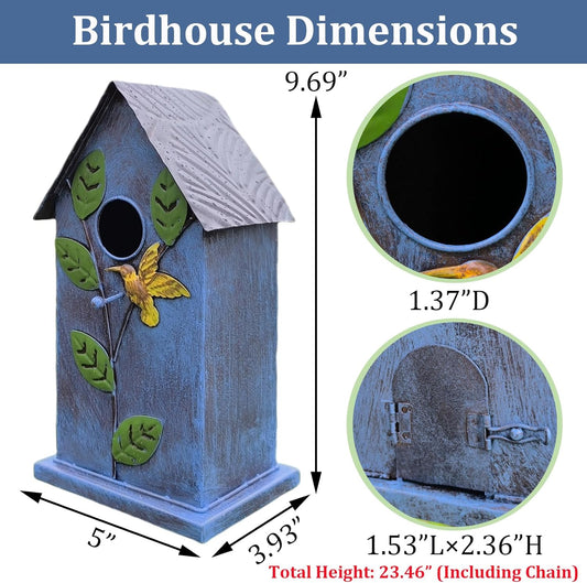 Metal Bird House for Outside - Elegant & Durable Hanging Birdhouse with Rustic Brown Roof & Vibrant Blue Design - Includes S-Hook for Easy Hanging (23.46in Tall)