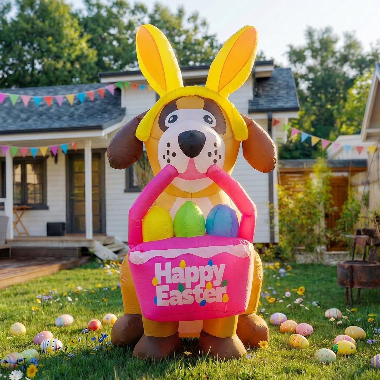 6 FT Easter Inflatables Dog Outdoor Decorations with Bunny Ears, Blow Up Easter Dog Holding Eggs Basket with Build-in LED Lights, Giant Spring Holiday Inflatable Yard Decor for Lawn Garden