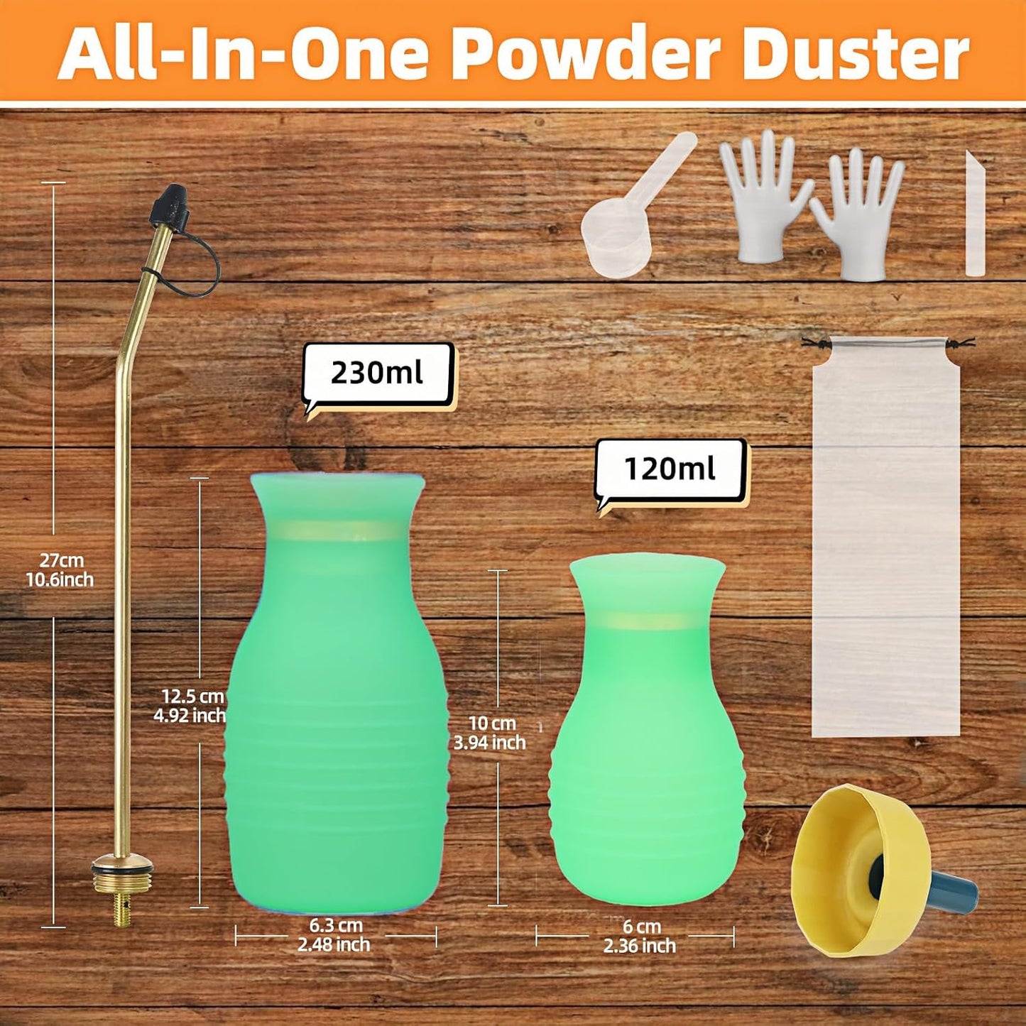 Diatomaceous Earth Duster, 230ml Large, Powder Duster Kit with Long Copper Tube & Folding Funnel, Indoor Outdoor Silicone Sprayer Heavy Duty Bulb Applicator for Home and Garden(Green)