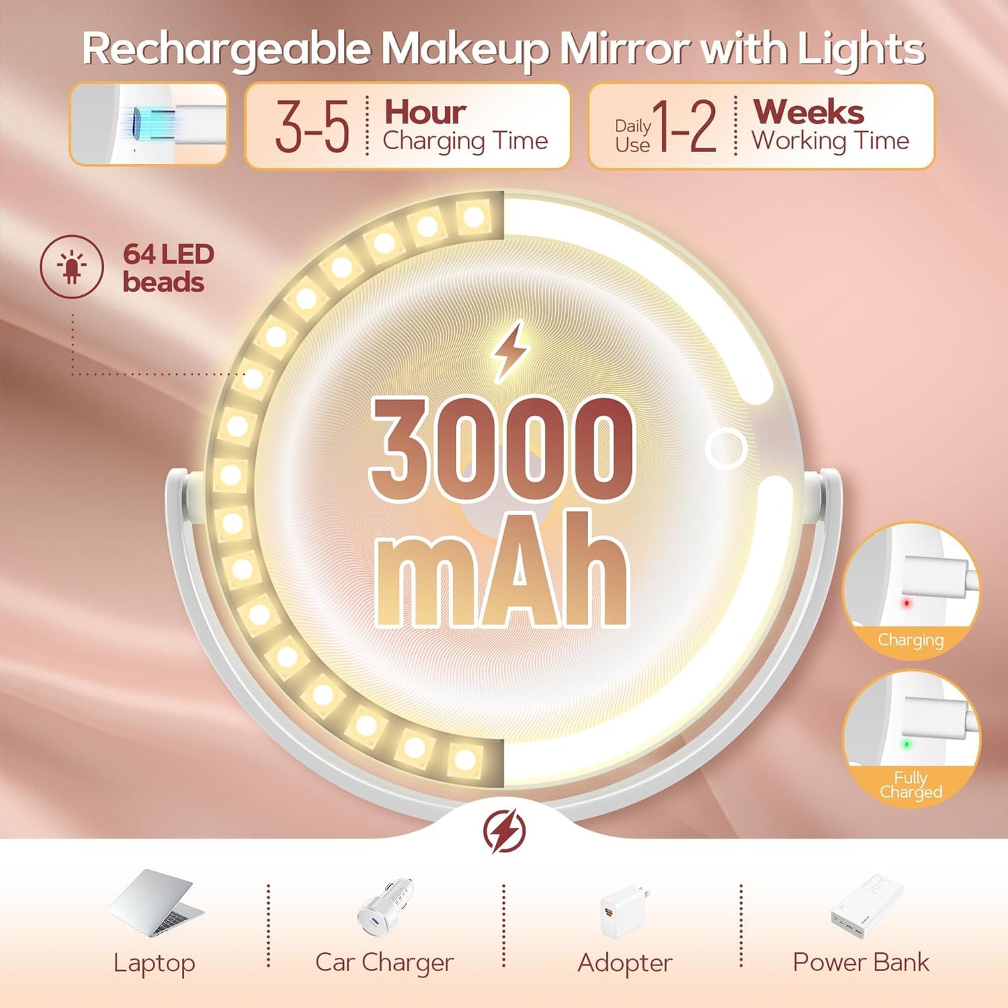 B Beauty Planet Vanity Mirror with Lights, 30X Magnifying Makeup Mirror with 3 Lighting and Adjustable Brightness, Rechargeable 2-Sided Height Adjustable Desk Mirror for Bathroom, Women Gifts for Mom