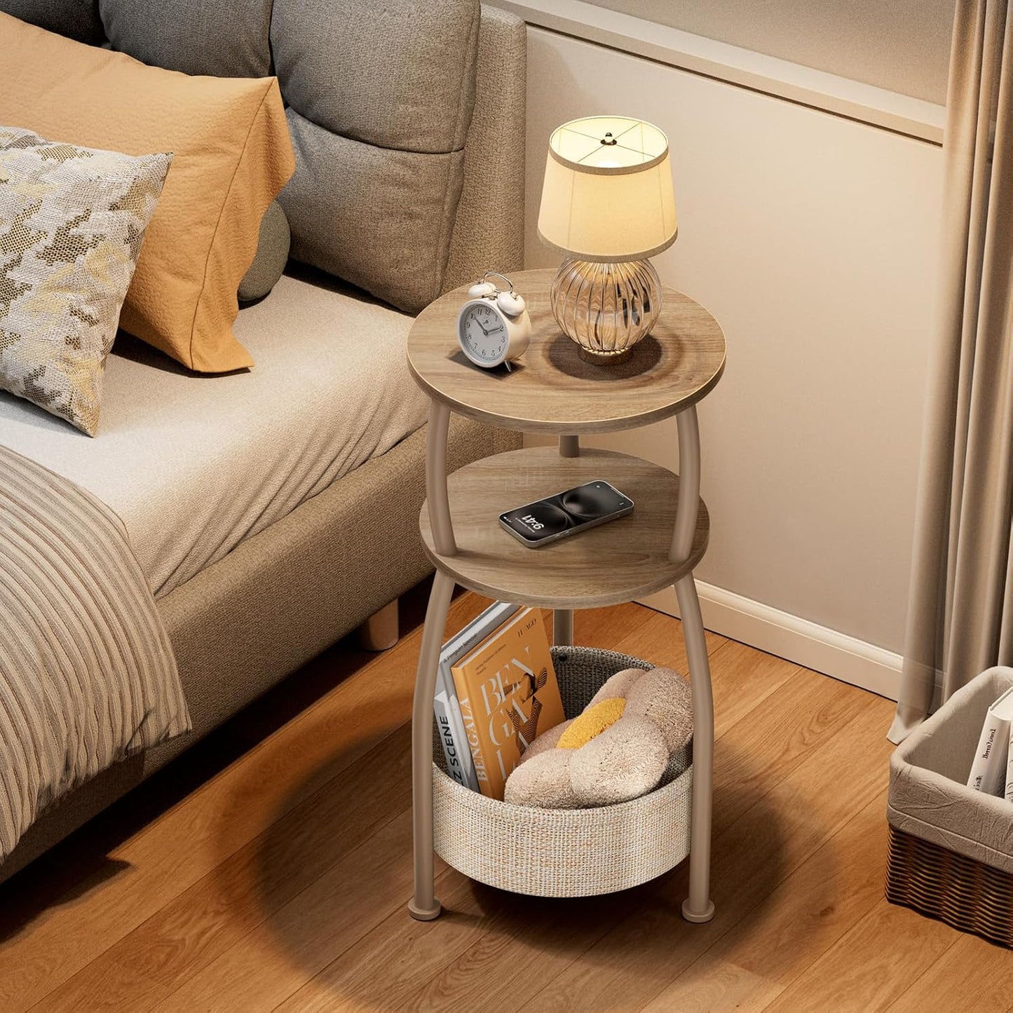 Small Side Table with Storage Basket, Space Saving Round End Table 3-Tier Bedside Corner Table for Living Room, Bedroom, Garden and More 11.81in Light Oak