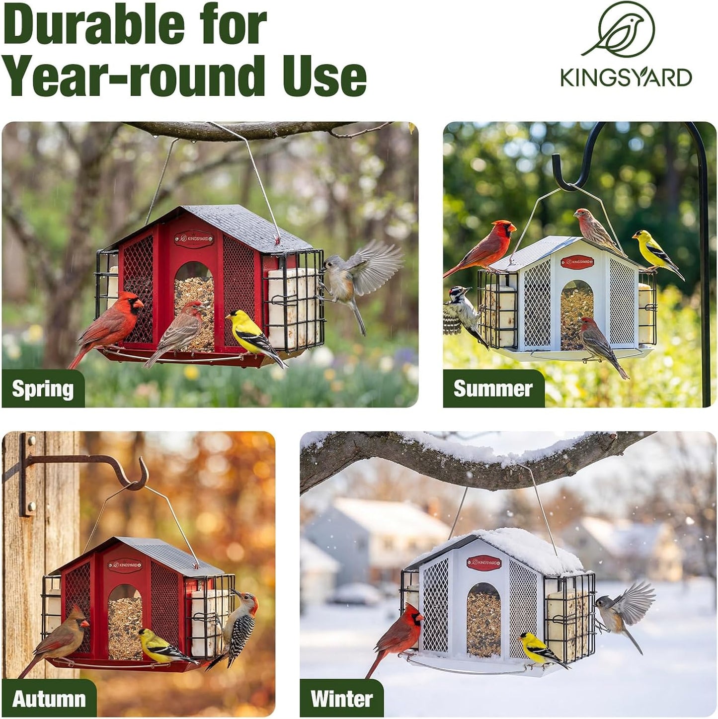 Kingsyard Large Metal Bird Feeders for Outdoors Hanging with Double Suet Cage Weatherproof Roof, 4 in 1 Suet Feeder for Woodpecker, 4 Lbs Capacity Bird Feeder House for Cardinal Finch Chickadee, Red
