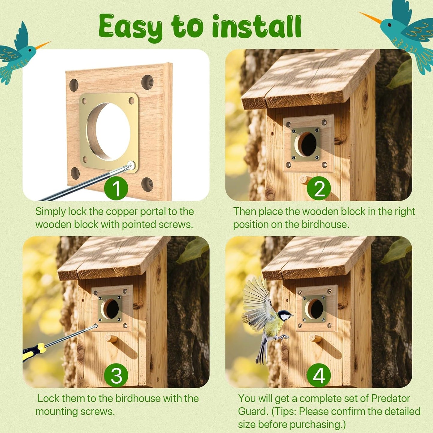 4 Pack Predator Guards for Birdhouses, Strong Wooden Birdhouse Protector Guards with Copper Portals, Birdhouse Hole Protector Guard Replacement for Eastern Bluebird Houses, 1 1/2 Inch Opening
