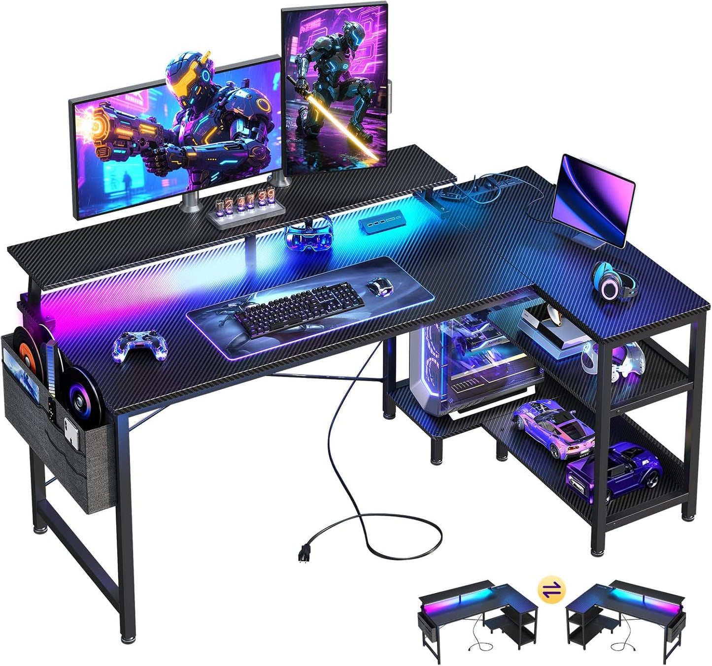 ODK 48 Inch Gaming Desk with USB Charging Ports and LED Lights, Revers