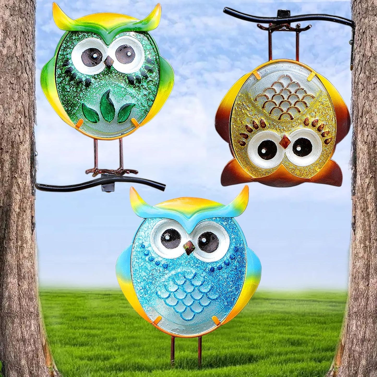 Owl Garden Decor for Outside, Stand & Tree Hugger Outdoor Owls Stakes Yard Art Set of 3, Funny Metal & Glass Stake Gifts for Grandma Mom Women