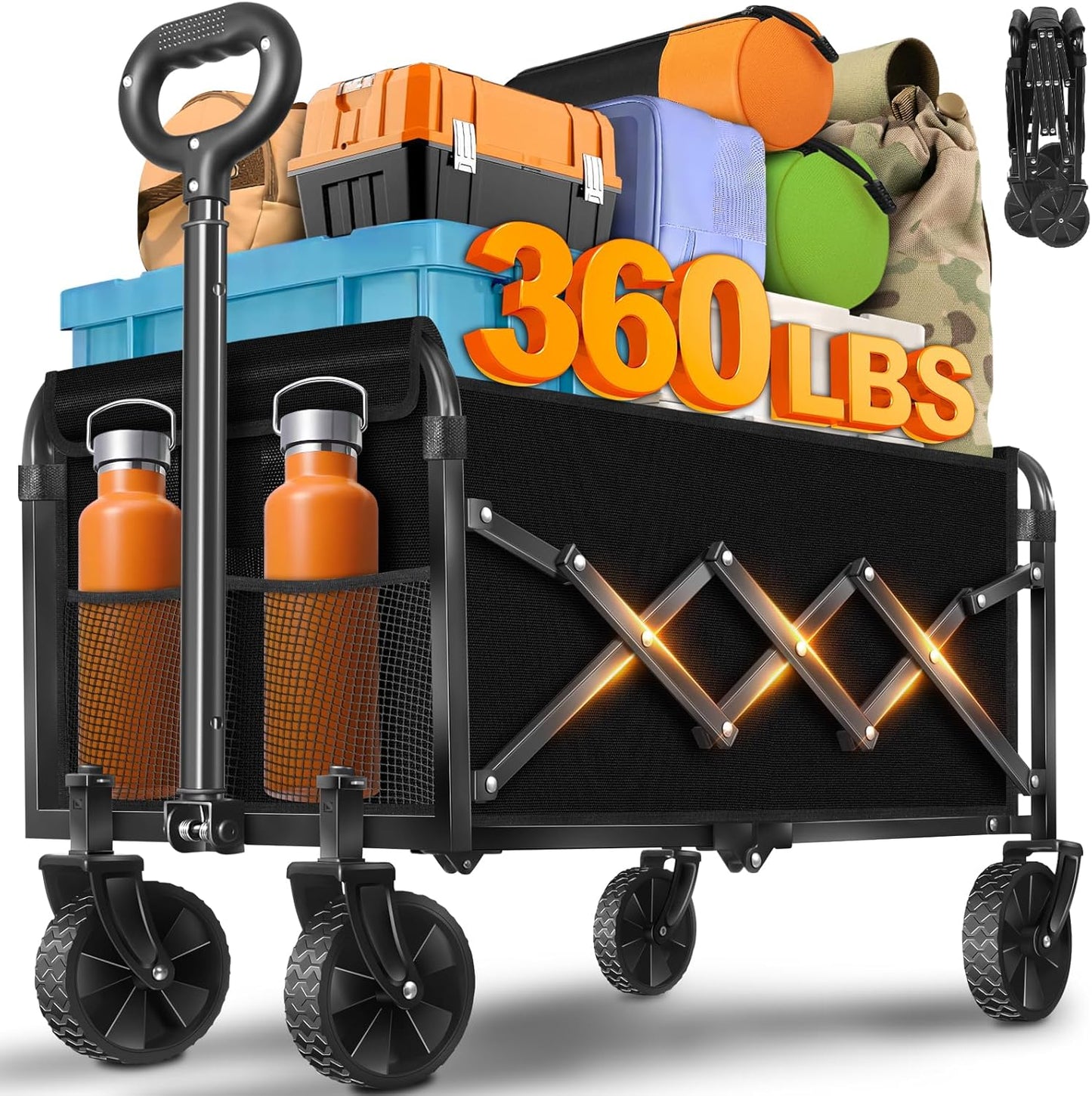 Wagons Carts Foldable, Collapsible Wagon with 360lbs Weight Capacity, Heavy Duty Folding Utility Garden Cart with All-Terrain & Drink Holders for Grocery, Camping, Sports, Shopping and Garden