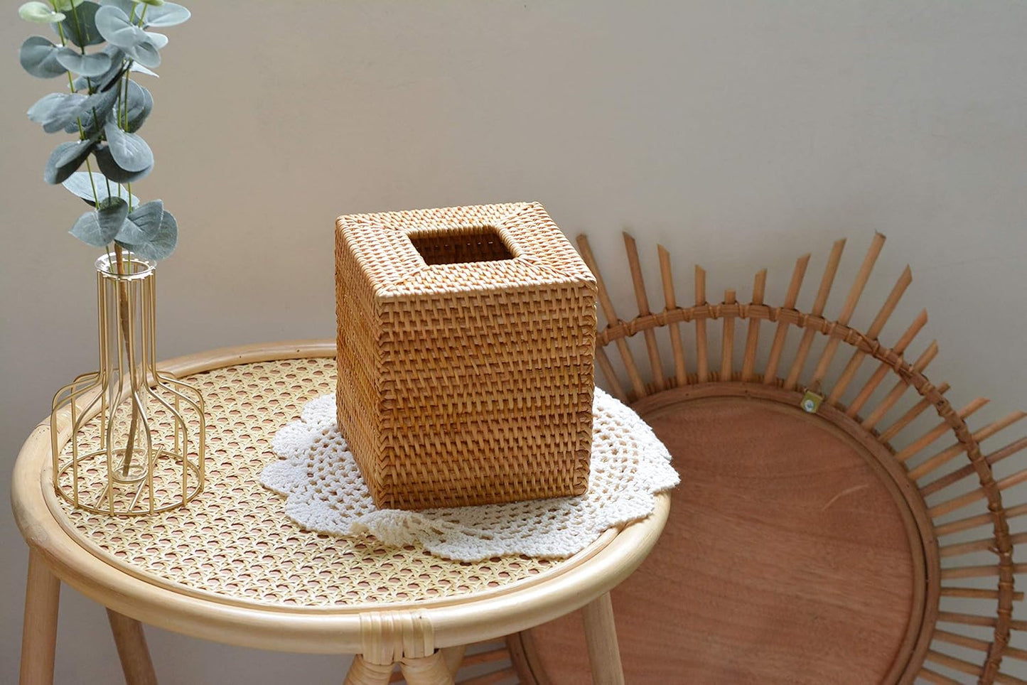 라탄 티슈 박스 커버 스퀘어, 손으로 짠 고리버들 티슈 홀더, 5.5 x 14.5 x 14.5cm(5.5 x 5.5 x