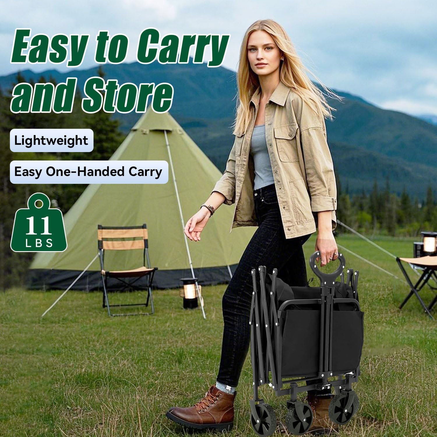 Collapsible Wagon Cart Foldable 120L 360lbs Capacity, Lightweight Port