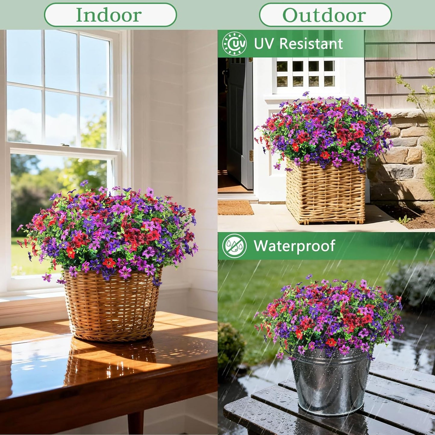 Homsunny Artificial Flowers for Outdoors 12 Bundles Fake Plants Spring Home Decoration, Realistic Faux Flower Silk Daisy with Eucalyptus Stem UV Resistant Patio Planter Porch Yard Window (4 Colors)