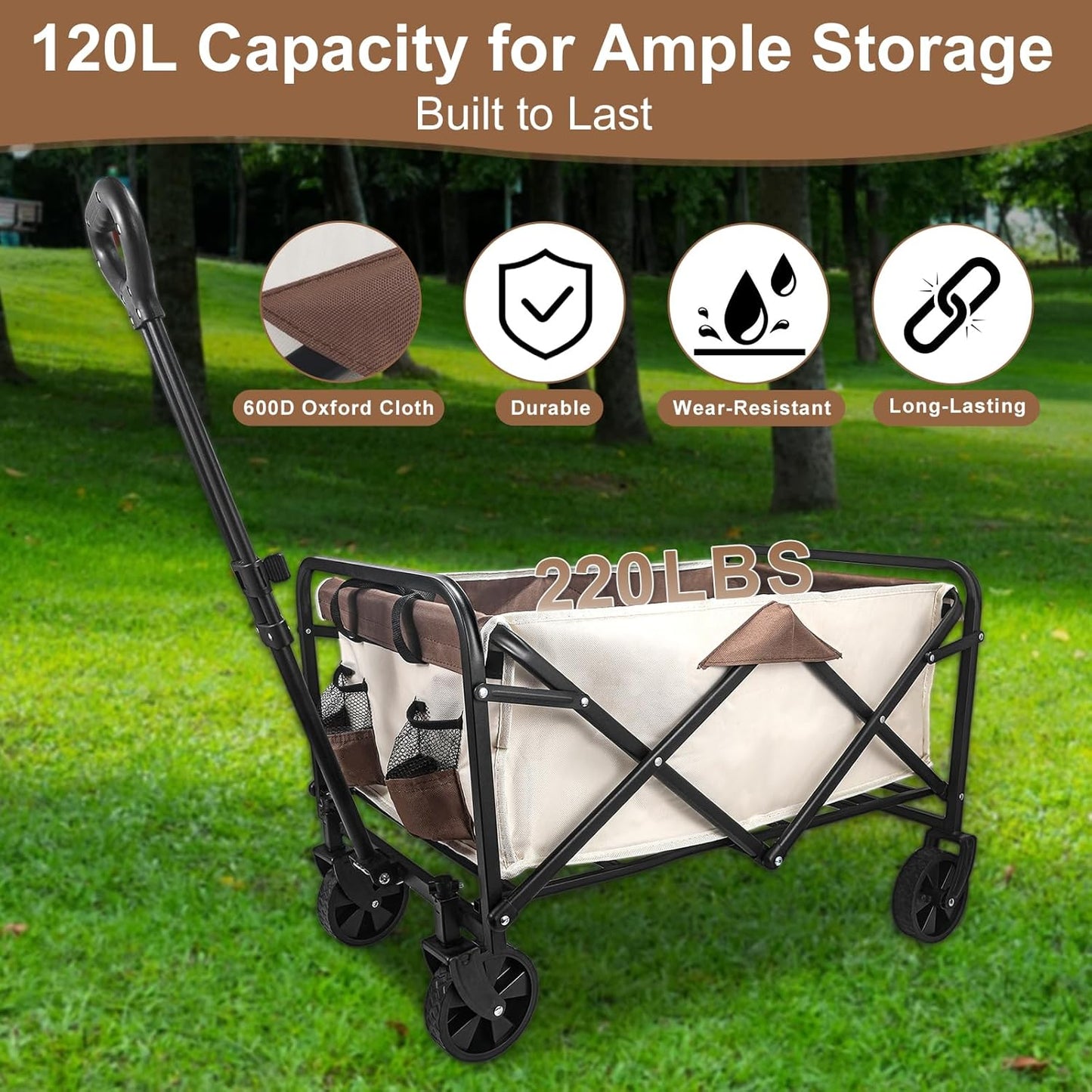 Heavy-Duty Collapsible Wagon Cart with Wheels, Lightweight Foldable Utility Cart with Adjustable Handle for Outdoor Use – Ideal for Grocery Shopping, Camping, Sports, Fishing, and More (Khaki)
