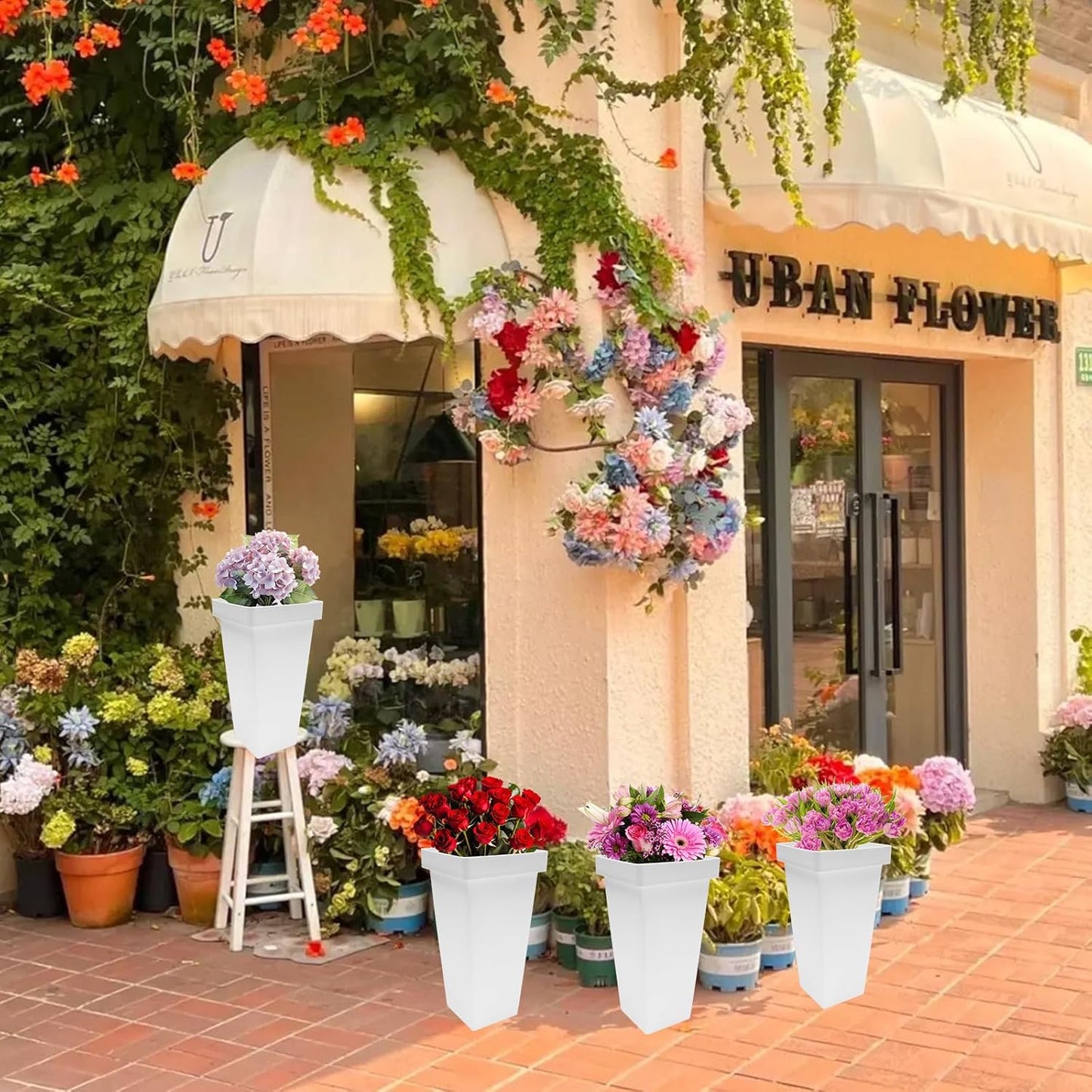 Homegroove 12 Pcs Plastic Flower Buckets, 13.4 Inch Square Floral Display Stand, Tall Vase for Cut Flowers, Indoor/Outdoor Home Wedding Bar Supplies
