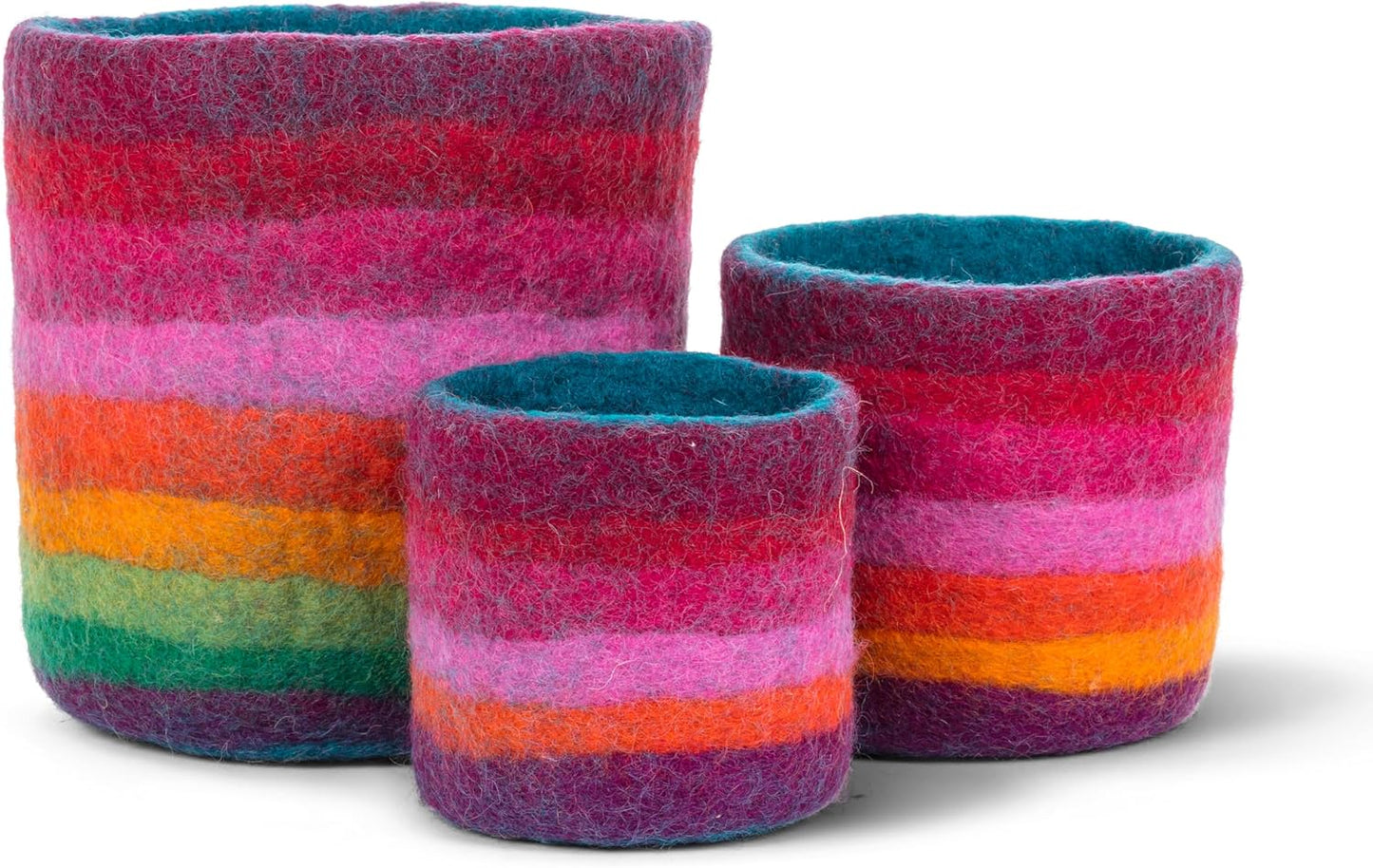 Abbott Collection Nepal Rainbow Stripe Planters/Storage Pots. Set of 3 - Wool Felt, Multicolor (4-7" D)