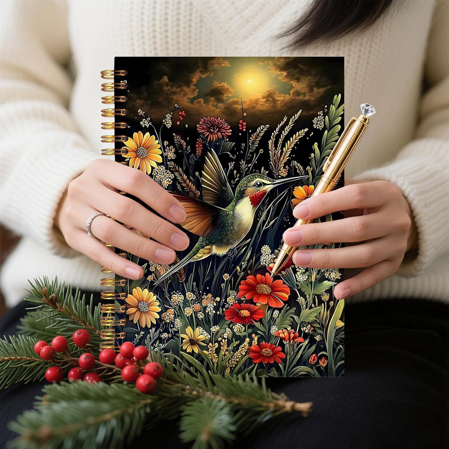 FITIE Rustic Hummingbird Bird Birding Notebook, Bird Watching Journal for Women Men, Dark Cottagecore Floral Birding Botanical Hardcover Spiral Notebooks College Ruled 5.5 x 8.3