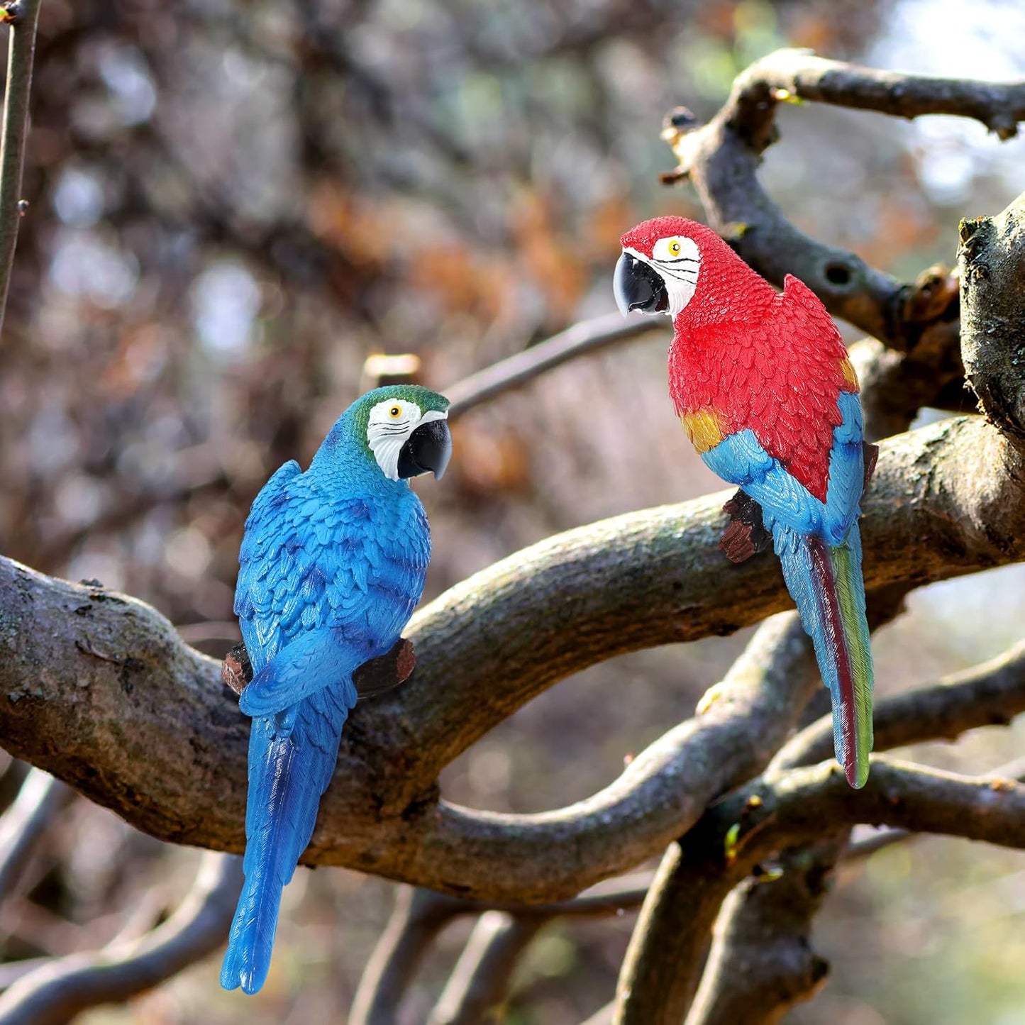 2 Pieces Parrot Decor Outdoor Tiki Bar Decorations Large Realistic Parrot Statues for Outside Lifelike Bird Sculptures Garden Patio Yard Lawn Figurines for Tropical Animal Tree Wall (Red,Blue)