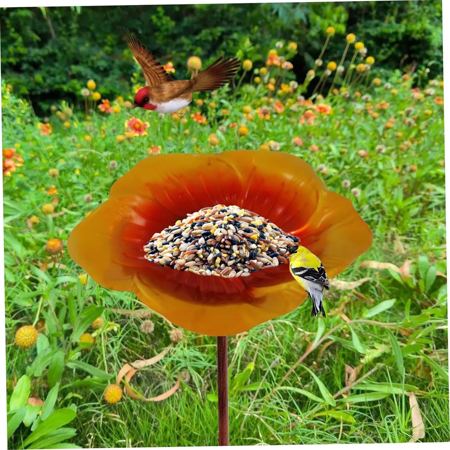 Bird Feeder with Stake Flower Shape Bird Bath 9.5x25in Ground Feeder Exquisite Decorative Bath for Outside Yard Garden, Gold Brown