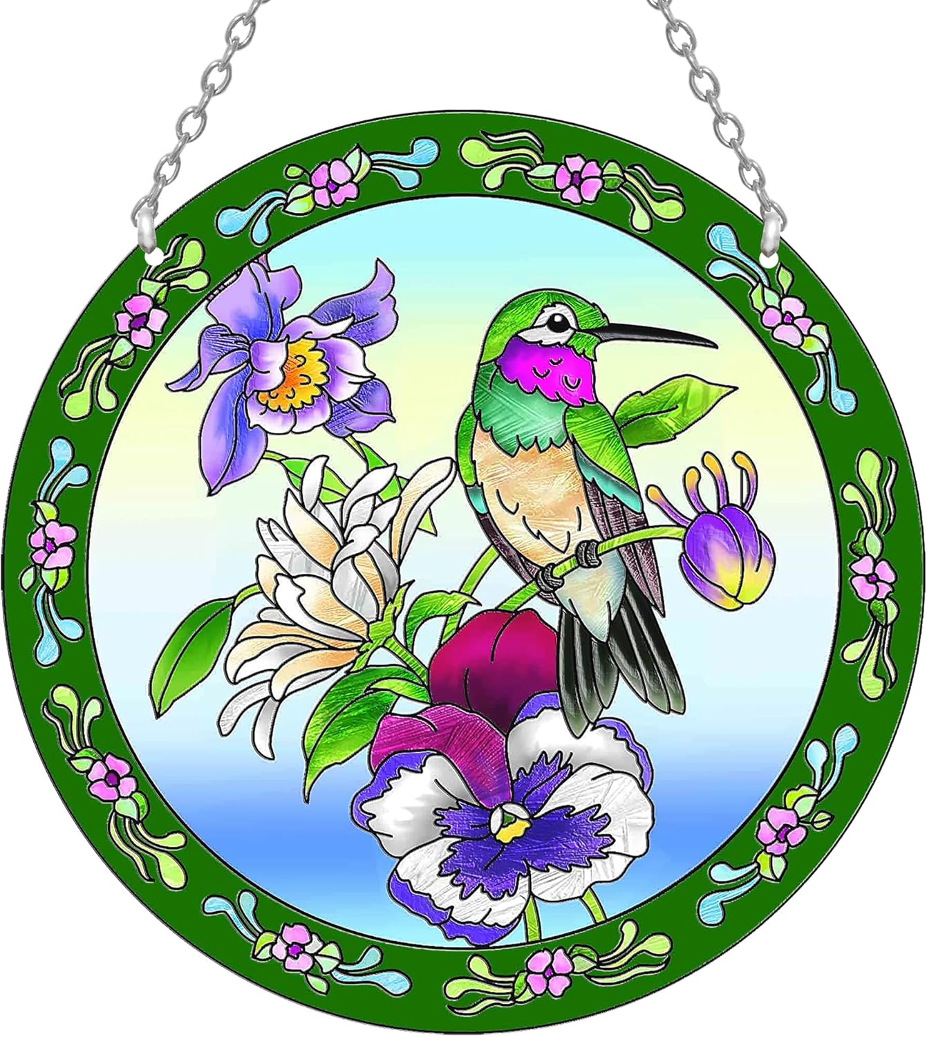 Hummingbird Stained Glass Suncatcher Round, Window Hanging with Chain & Hook, Gift-Boxed Floral Bird Window Decor, Gift for Mom & Grandma (8.6in)