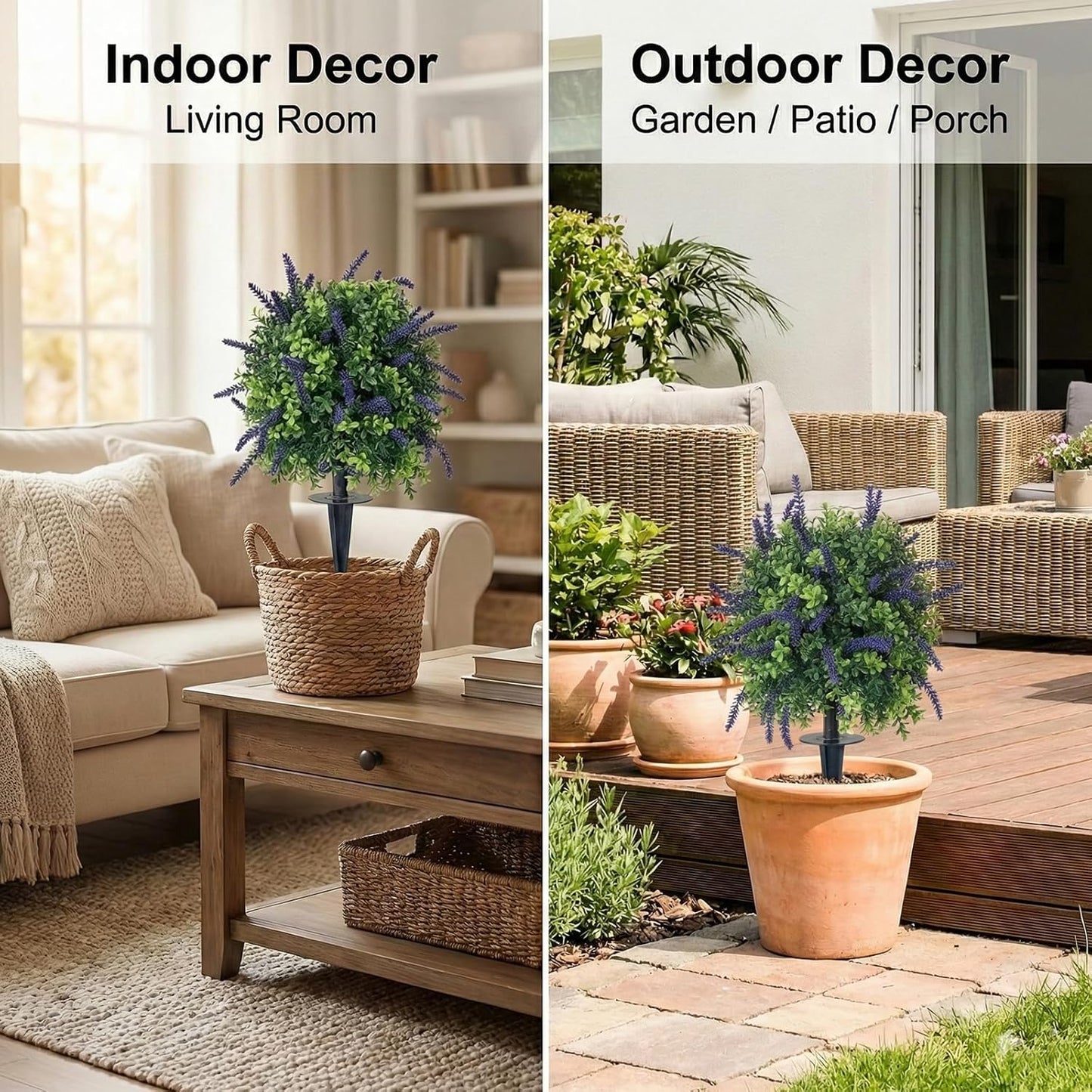 Artificial Lavender Topiary Ball Trees Set of 2 – 23.6 Inch Tall UV Resistant Faux Evergreen Boxwood Shrubs with Ground Spike, Realistic Fake Plants for Outdoor Indoor Front Porch Garden Decor