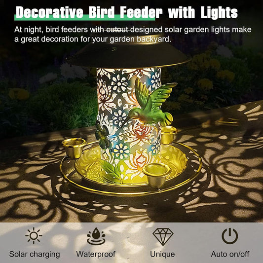 Solar Bird Feeder for Outdoors Hanging, Metal Waterproof Hummingbird Feeders Outside Wild Bird Feeders with 3 Water Feeder Cups and LED Light, Gift for Birds Lovers, Garden Lantern Decoration