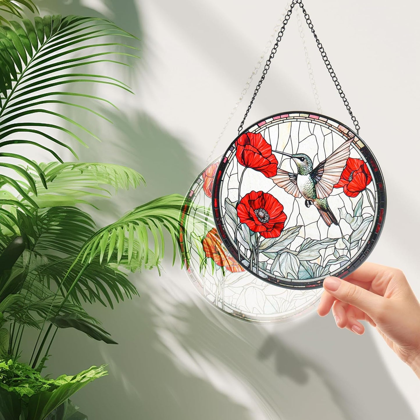 Stained Glass Window Hanging, Hummingbird and Red Flowers Sun Catcher for Door Garden Kitchen Home Decor, Suncatchers for Christmas Mother's Day Birthday Gifts for Bird Lovers Women Men Mom 7.8 in