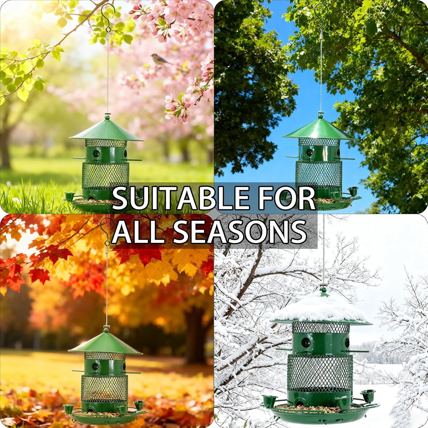 Outdoor Hanging Bird Feeder Metal Construction, Sturdy and Durable Large-Capacity Bird Feeder with Water Cup All-Season Outdoor Wild Bird Feeder Green Color (Green)